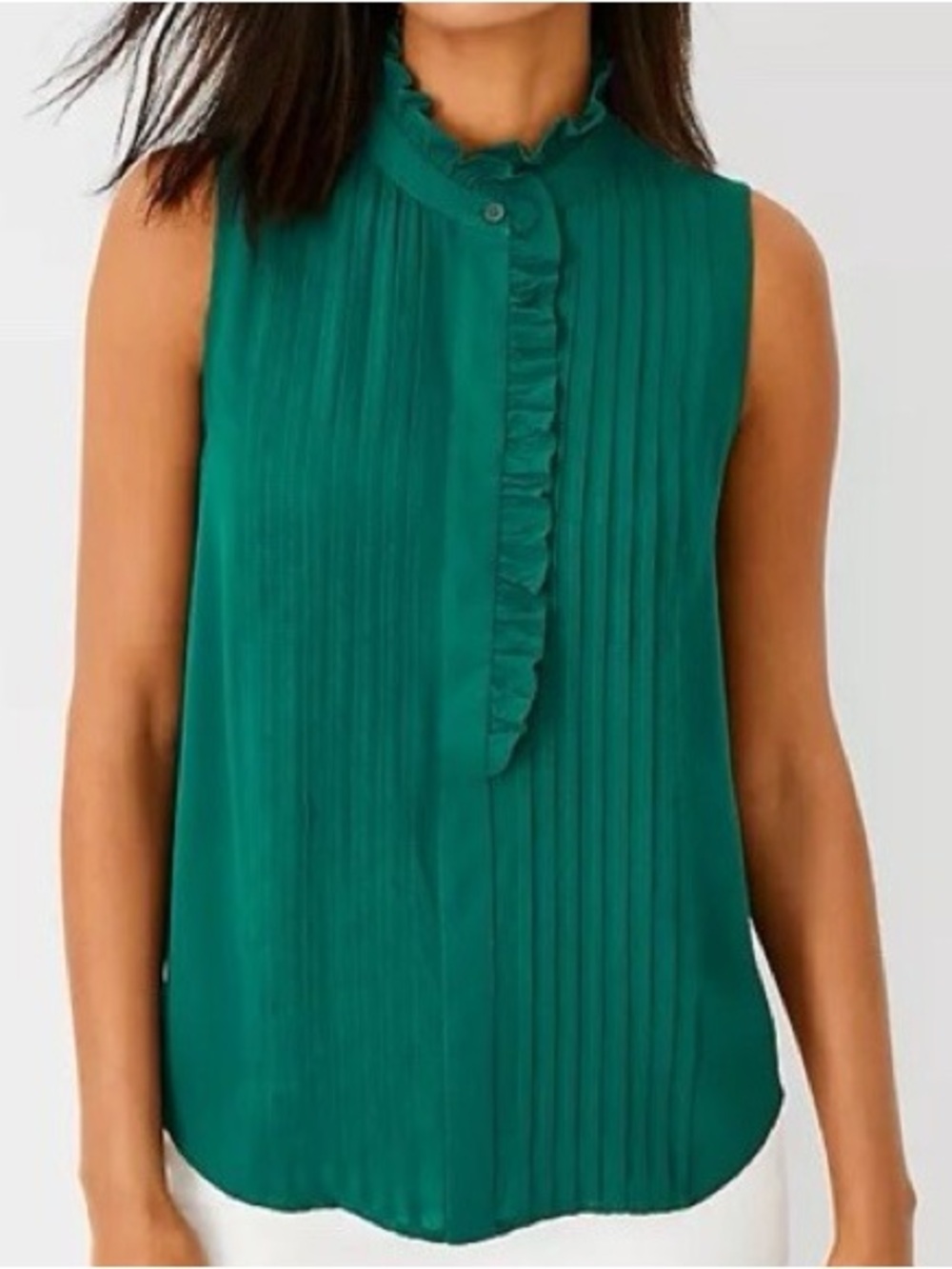 NWT Ann Taylor Sleeveless Green Ruffle Front Pleated Blouse XS